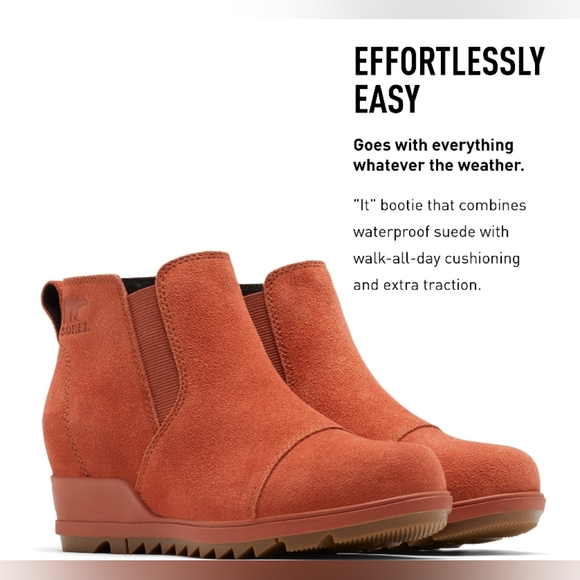 Sorel Evie Pull-On Waterproof Suede Leather Wedge Ankle Booties Size 8 NWOT - Picture 2 of 10